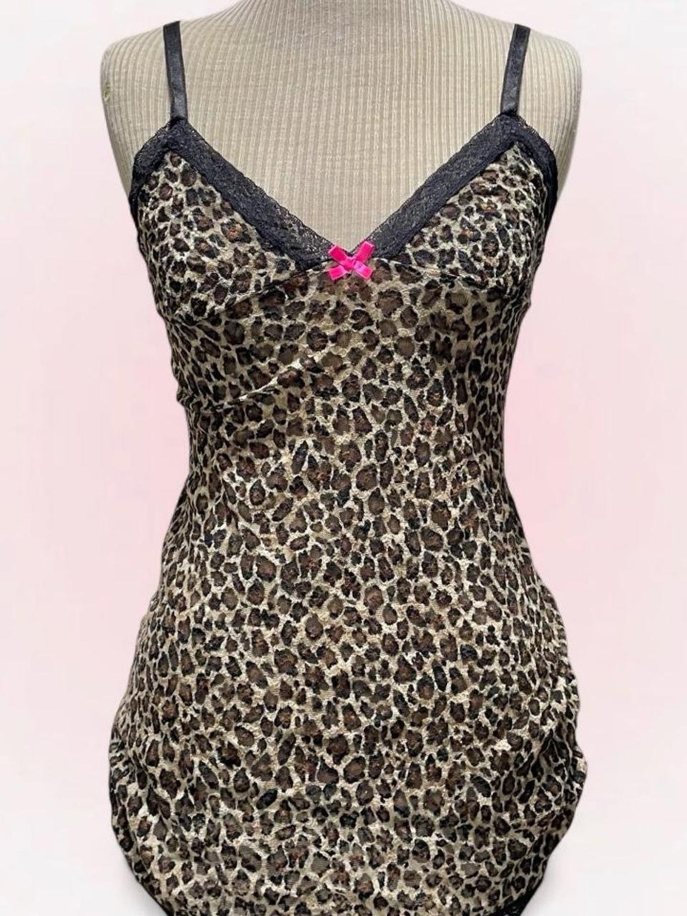 Y2K Leopard Print Lace-Trim Slip Nightdress - Black/Brown